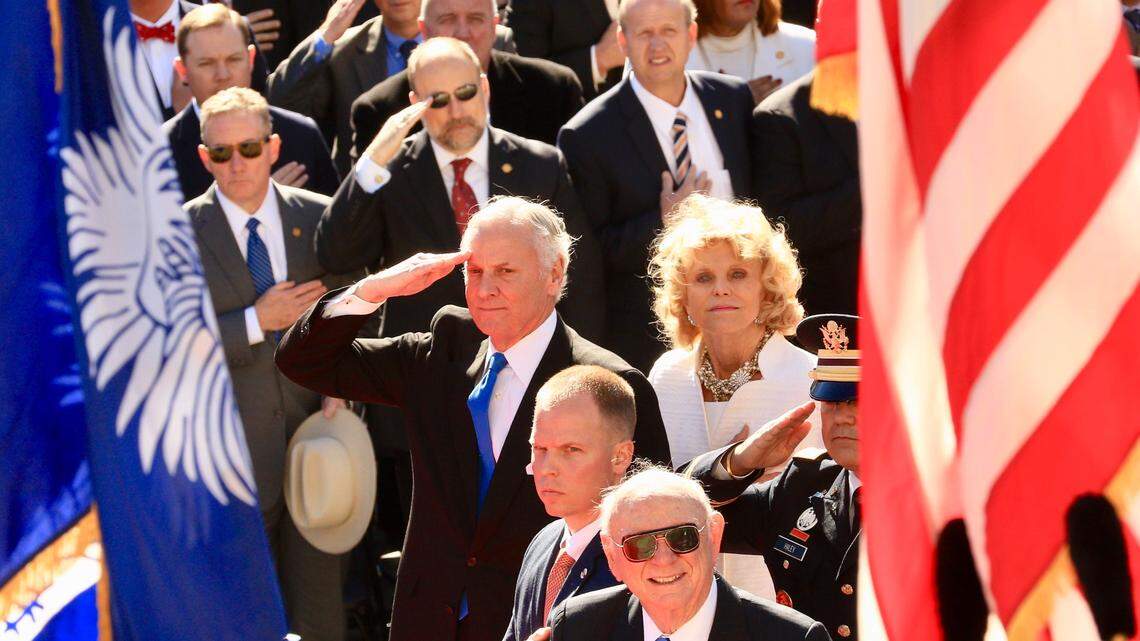 Gov. Henry McMaster during the national anthem at his inauguration ceremony Wednesday, Jan. 9, 2019, at the South Carolina State House.