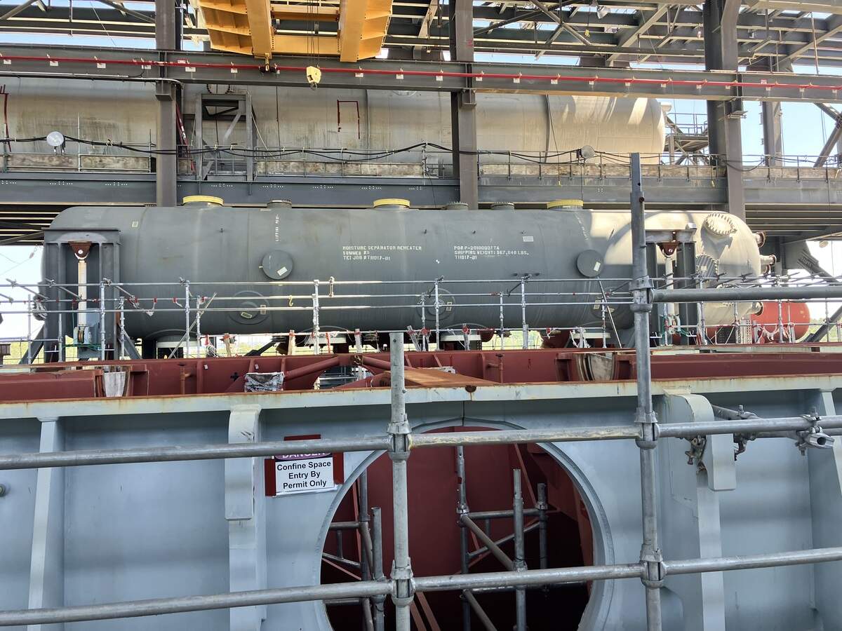 Huge tank-like structures as long as railroad cars were installed inside a building at the V.C. Summer nuclear site before the partially completed construction project shut down in 2017 amid rising costs and delays. The structures are in a turbine building on the property 25 miles northwest of Columbia, SC. Photo taken May 19, 2026
