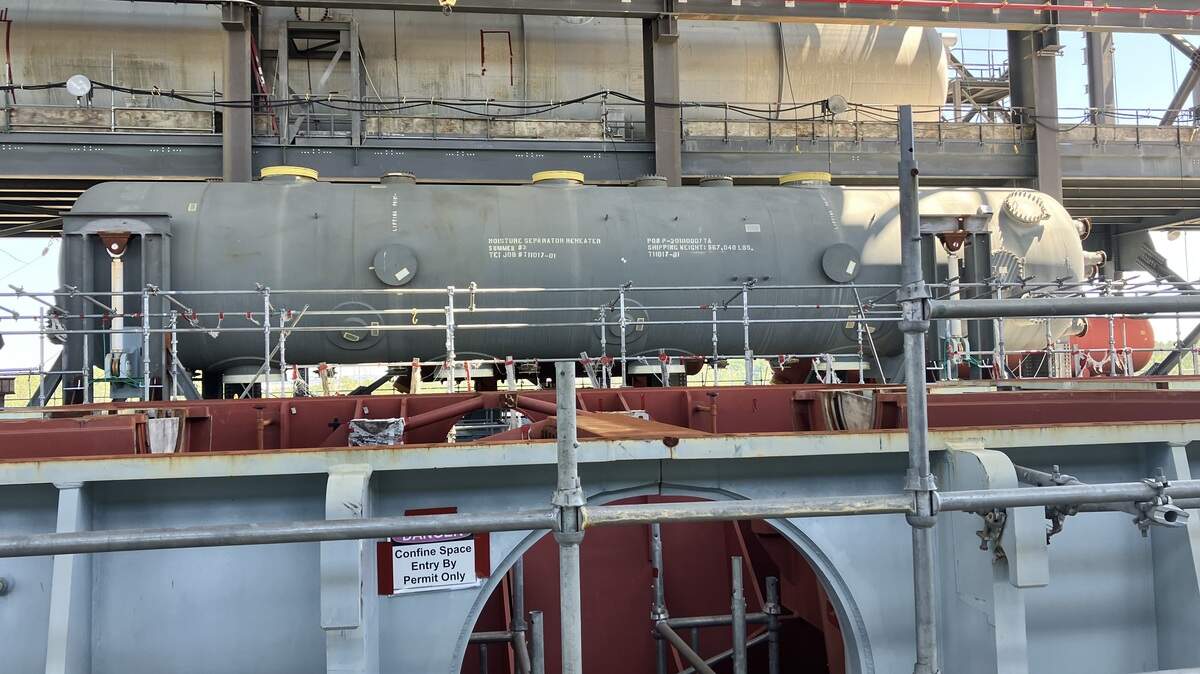 Huge tank-like structures as long as railroad cars were installed inside a building at the V.C. Summer nuclear site before the partially completed construction project shut down in 2017 amid rising costs and delays. The structures are in a turbine building on the property 25 miles northwest of Columbia, SC. Photo taken May 19, 2026