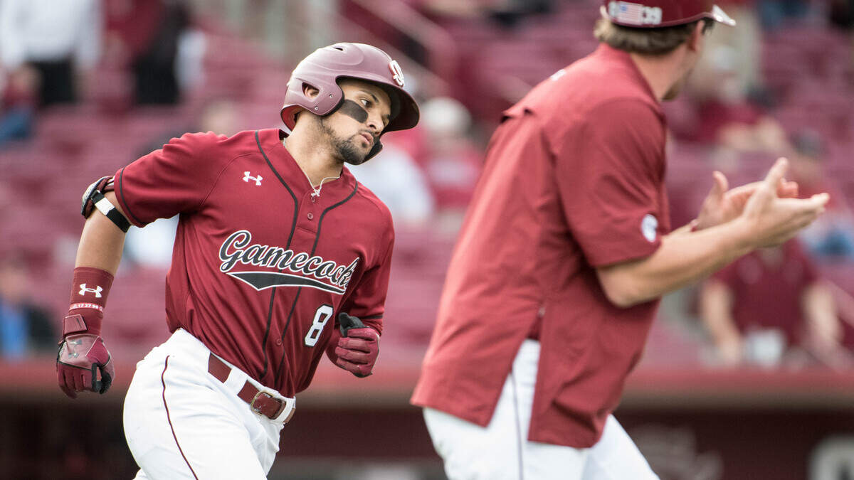 South Carolina outfielder Carlos Cortes rounds first base after hitting a third inning home run during the second game of a doubleheader against Princeton Saturday, March 10, 2018, in Columbia, S.C. South Carolina won 4-6 to sweep the weekend series.