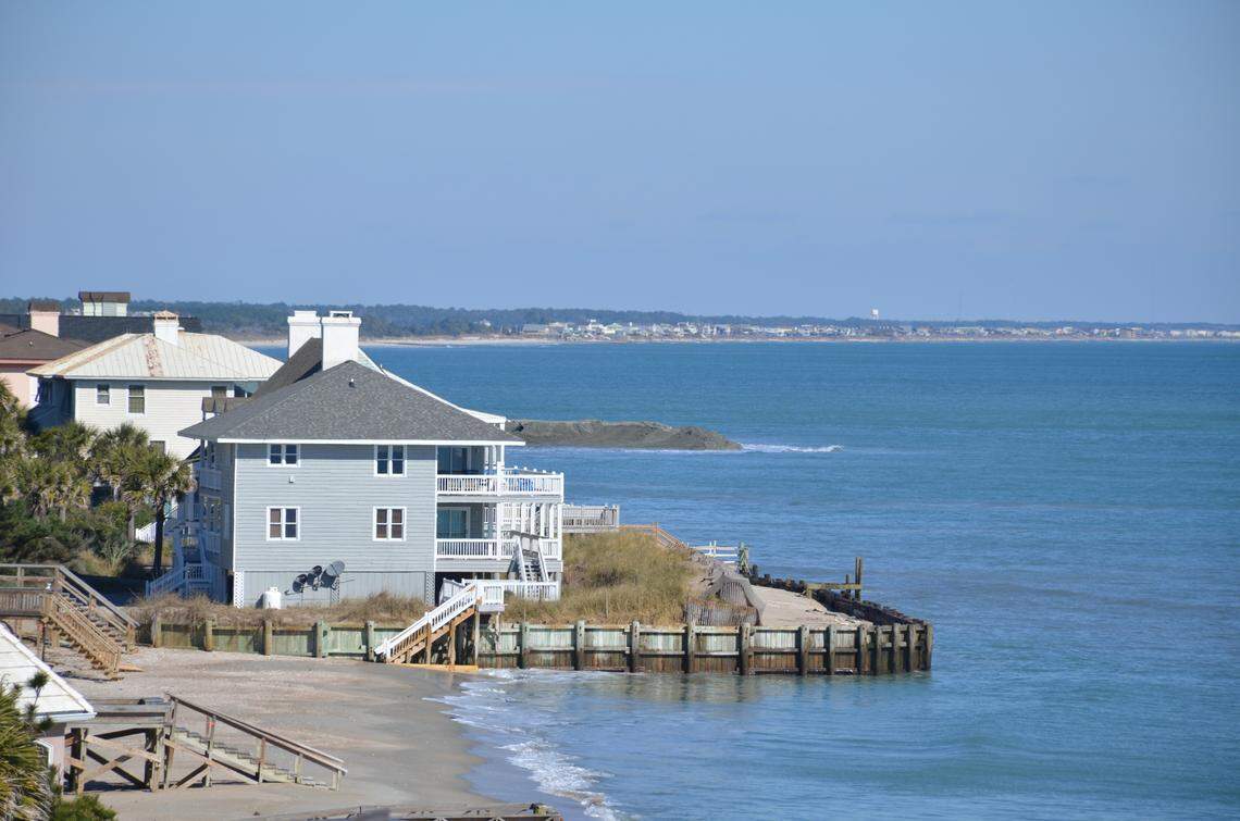 The beach behind a sagging seawall at Debordieu, S.C. was non-existent before the gated community renourished the shoreline in 2022. The area suffers from high erosion rates and sand placed on the beach is expected to wash away in the future. Debordieu is south of Myrtle Beach near Georgetown. (Photo courtesy Debordieu property owners)