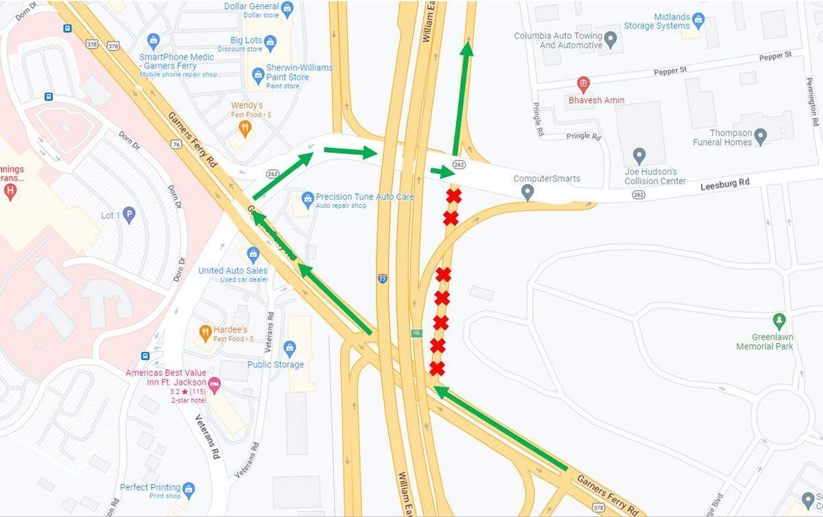 SCDOT is adjusting the traffic pattern for Garners Ferry Road and Leesburg Road entering I-77 northbound while it repairs an I-77 bridge deck. This map shows the new traffic pattern.