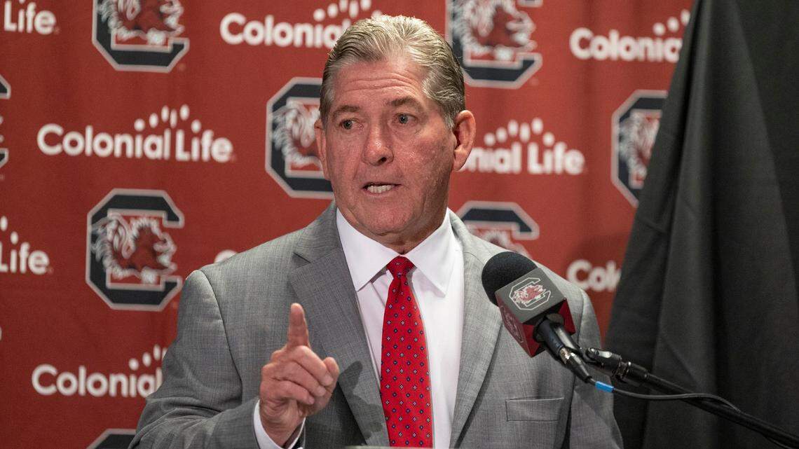 University of South Carolina athletic director Ray Tanner speaks during a press conference where new road signs celebrating the Gamecocks’ national championships were unveiled at the Colonial Life Arena on Tuesday, Aug. 27, 2024.