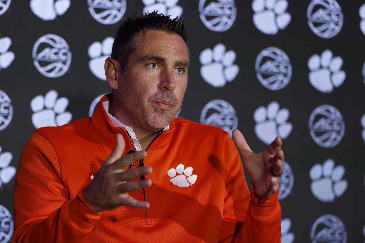 Clemson head coach Shawn Poppie at the 2025 ACC Women’s Basketball Tipoff in Charlotte, N.C., Tuesday, Oct. 7, 2025.