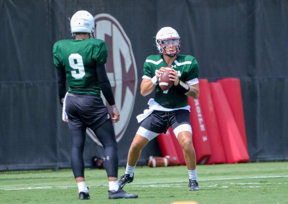University of South Carolina quarterback Spencer Rattler (7) works on drills during practice on Monday, Aug. 8, 2022.