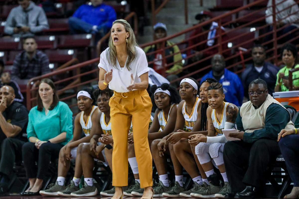Spring Valley coach Megan Assey communicates with her team during the first half of action against Goose Creek in the 2019 Class 5A state championship at Colonial Life Arena.