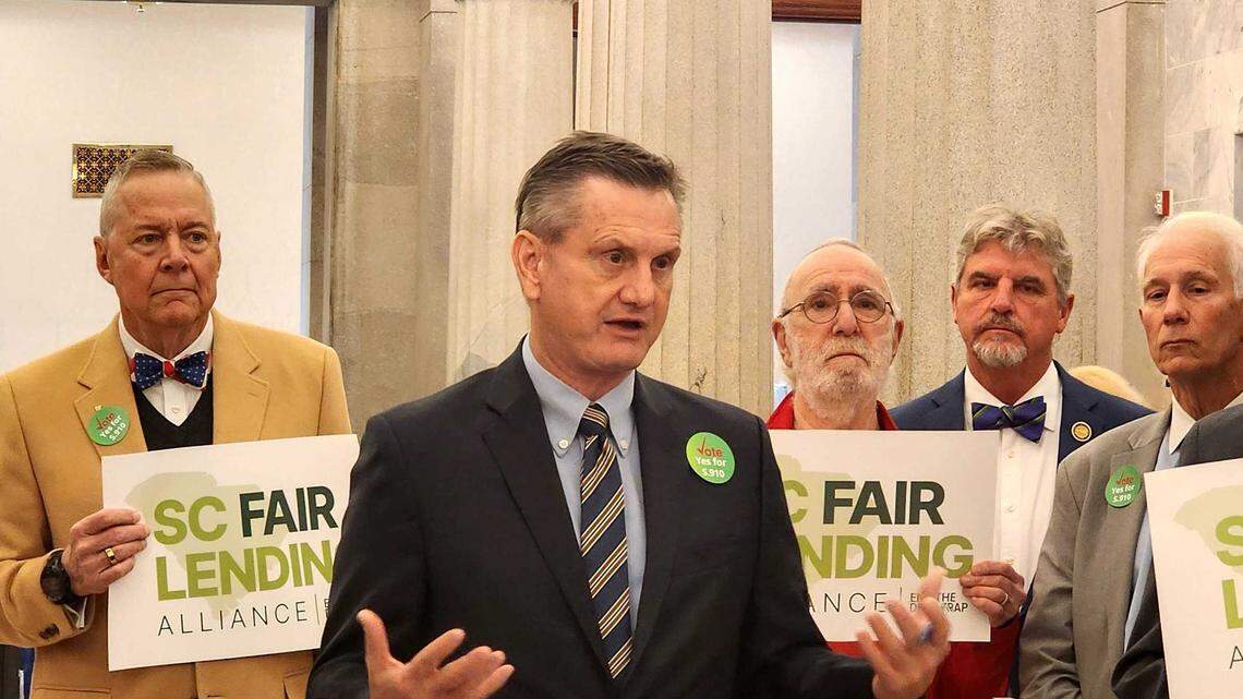 State Sen. Tom Davis, R-Beaufort, holds a news conference on Jan. 10, 2024, introducing bill S. 910, which is aimed at curbing predatory lending in South Carolina.