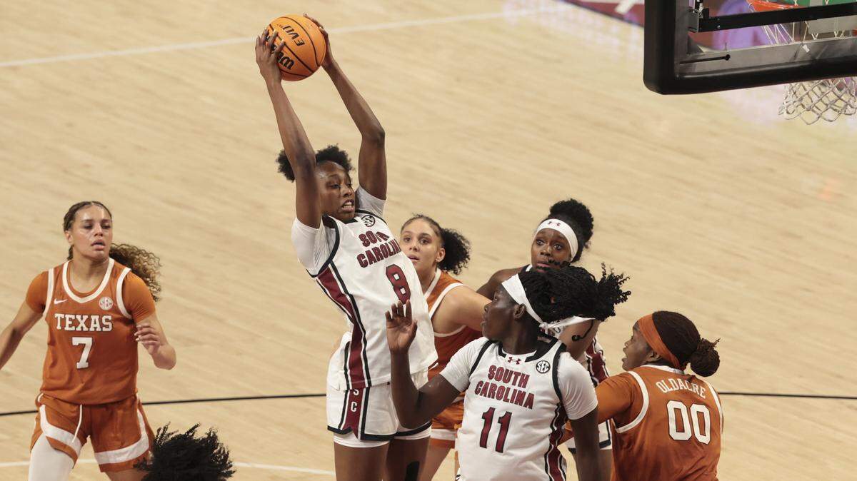 South Carolina's Joyce Edwards (8) pulls down a rebound during the first half of action of their women's basketball game against Texas at Colonial Life Arena on Thursday, Jan. 15, 2026.
