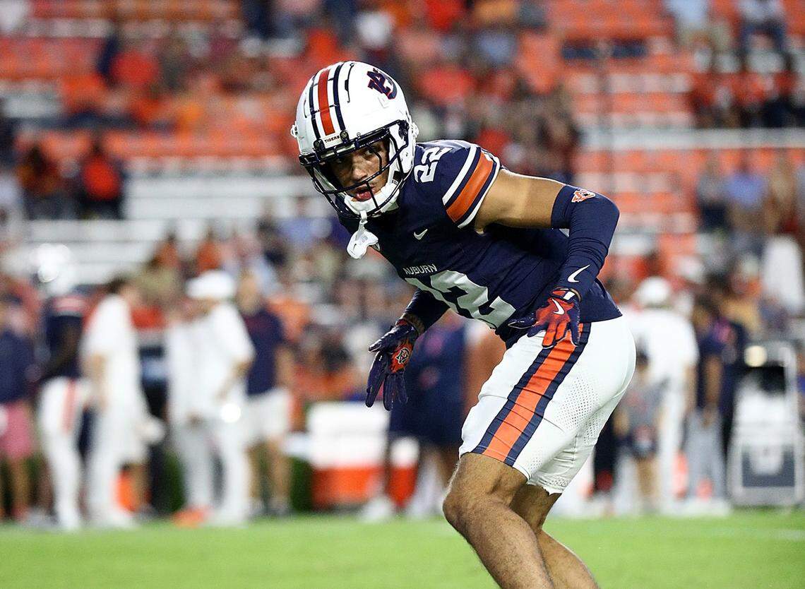 AUBURN, ALABAMA - OCTOBER 18: Donovan Starr #22 of the Auburn Tigers warms up before the game against the Missouri Tigers at Jordan-Hare Stadium on October 18, 2025 in Auburn, Alabama.