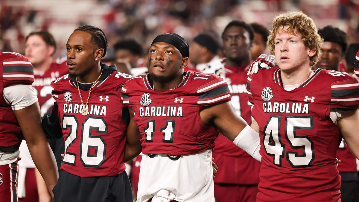 South Carolina players react following the Gamecocks’ loss to Alabama at Williams-Brice Stadium in Columbia on Saturday, October 25, 2025.