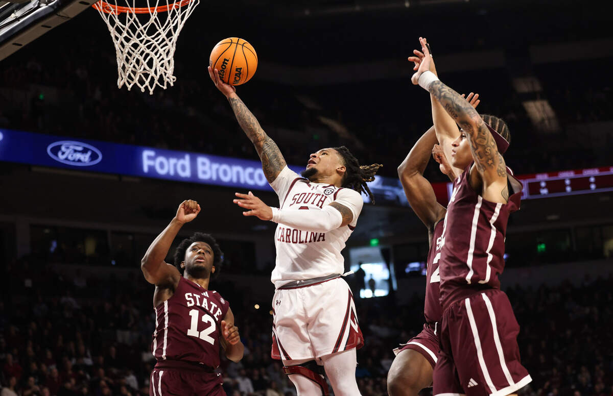 South Carolina guard Jamarii Thomas (6) goes up for a shot during first half of the Gamecocks’ game against Mississippi State at Colonial Life Arena in Columbia on Saturday, January 25, 2025.