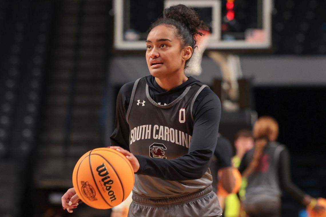University of South Carolina’s Te-Hina Paopao (0) practices at the Legacy Arena in Birmingham on Thursday, March 27, 2025. The Gamecocks will play the Maryland Terrapins in the Birmingham 2 regional of the NCAA Tournament at Legacy Arena.