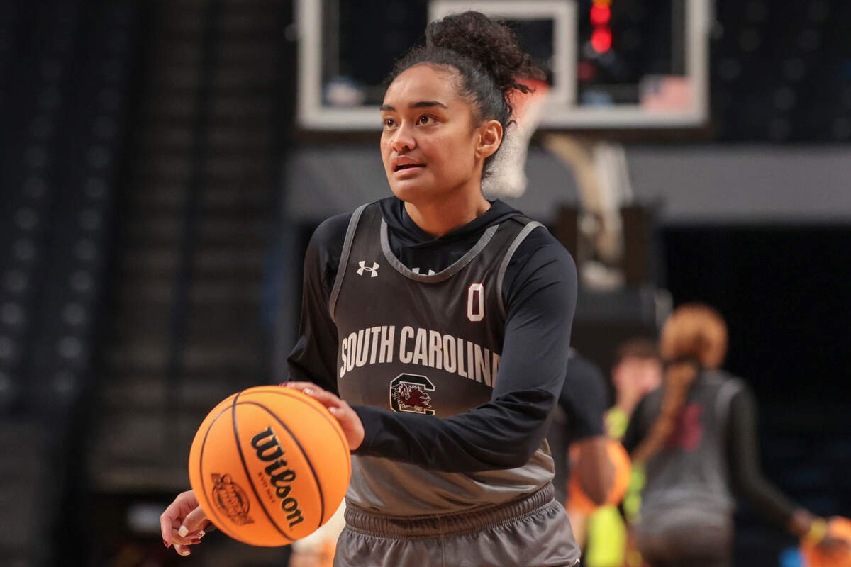 University of South Carolina’s Te-Hina Paopao (0) practices at the Legacy Arena in Birmingham on Thursday, March 27, 2025. The Gamecocks will play the Maryland Terrapins in the Birmingham 2 regional of the NCAA Tournament at Legacy Arena.