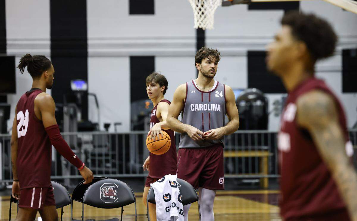South Carolina forward Nordin Kapic (24) looks on during the Gamecocks’ practice at the Carolina Coliseum in Columbia on Thursday, October 2, 2025.