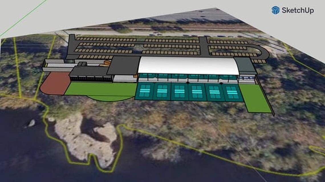 A rendering of PickleGarden on the River, a planned pickleball and beer garden facility at 680 Candi Lane in Columbia.