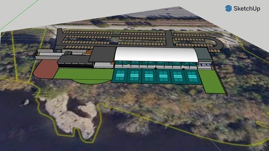 A rendering of PickleGarden on the River, a planned pickleball and beer garden facility at 680 Candi Lane in Columbia.