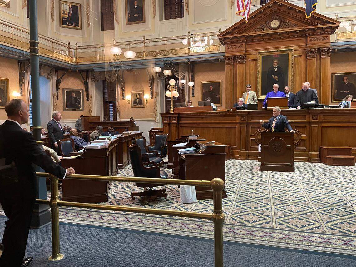 State Senate Minority Leader Brad Hutto, D-Orangeburg, responds to questions from state Sen. Dick Harpootlian, D-Richland, about his opposition to a bill that would have restructured the University of South Carolina Board of Trustees