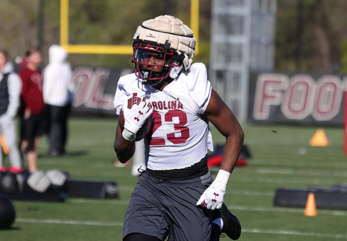 South Carolina running back Djay Braswell (23) runs drills during the Gamecocks’ practice in Columbia on Tuesday, March 19, 2024.
