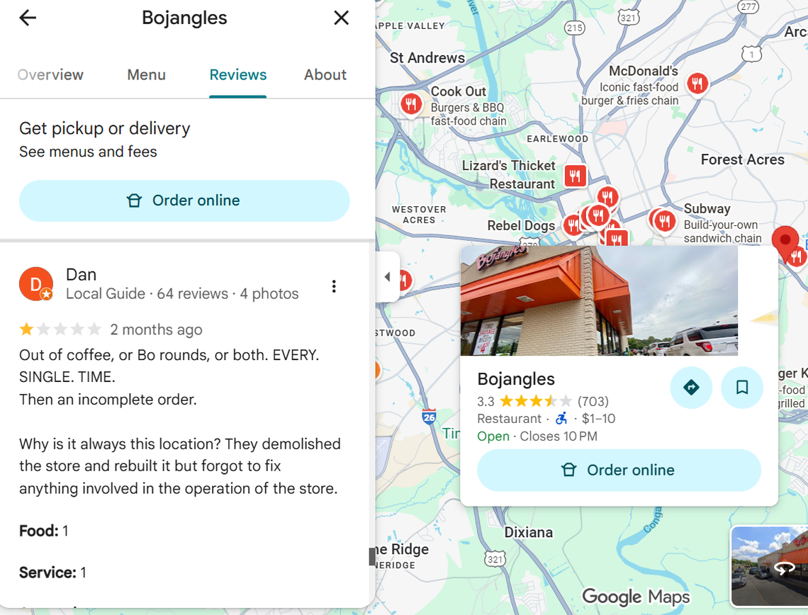 Google Maps review for Bojangles on 4301 Fort Jackson Blvd.