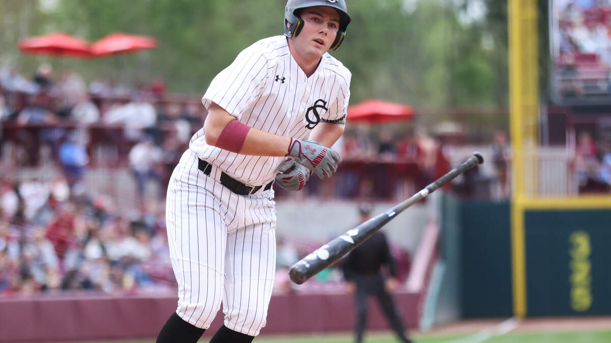 Ethan Petry (20) of South Carolina tosses his bat after being walked during the Gamecocks’ game against Vanderbilt at Founds Park in Columbia on Saturday, March 23, 2024.