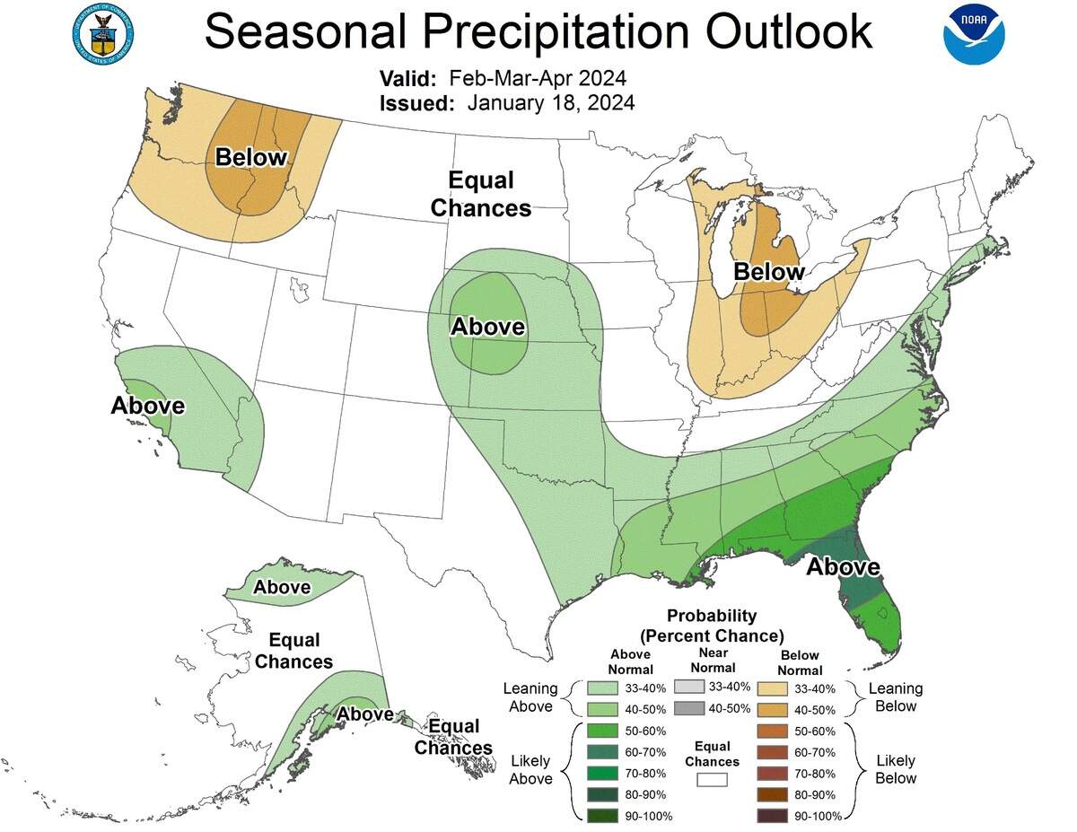 A U.S. map showing rain predictions for February through April.