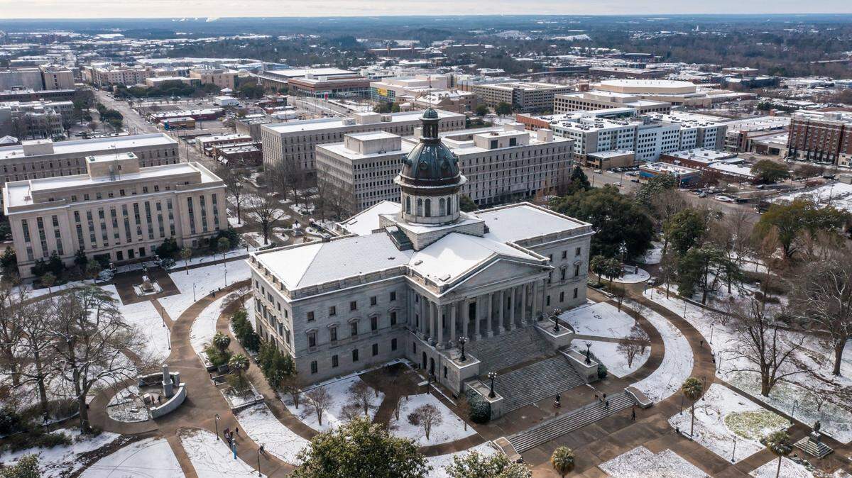 Drone photo of the State House covered in snow in downtown Columbia, SC, on January 22, 2022.