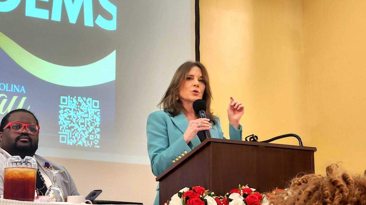 Presidential candidate Marianne Williamson speaks to a crowd of voters during the second annual South Carolina Sunday Dinner, hosted by the S.C. Black Caucus of the S.C. Democratic Party, on Sunday, March 26, 2023, at Brookland Baptist Church in West Columbia.