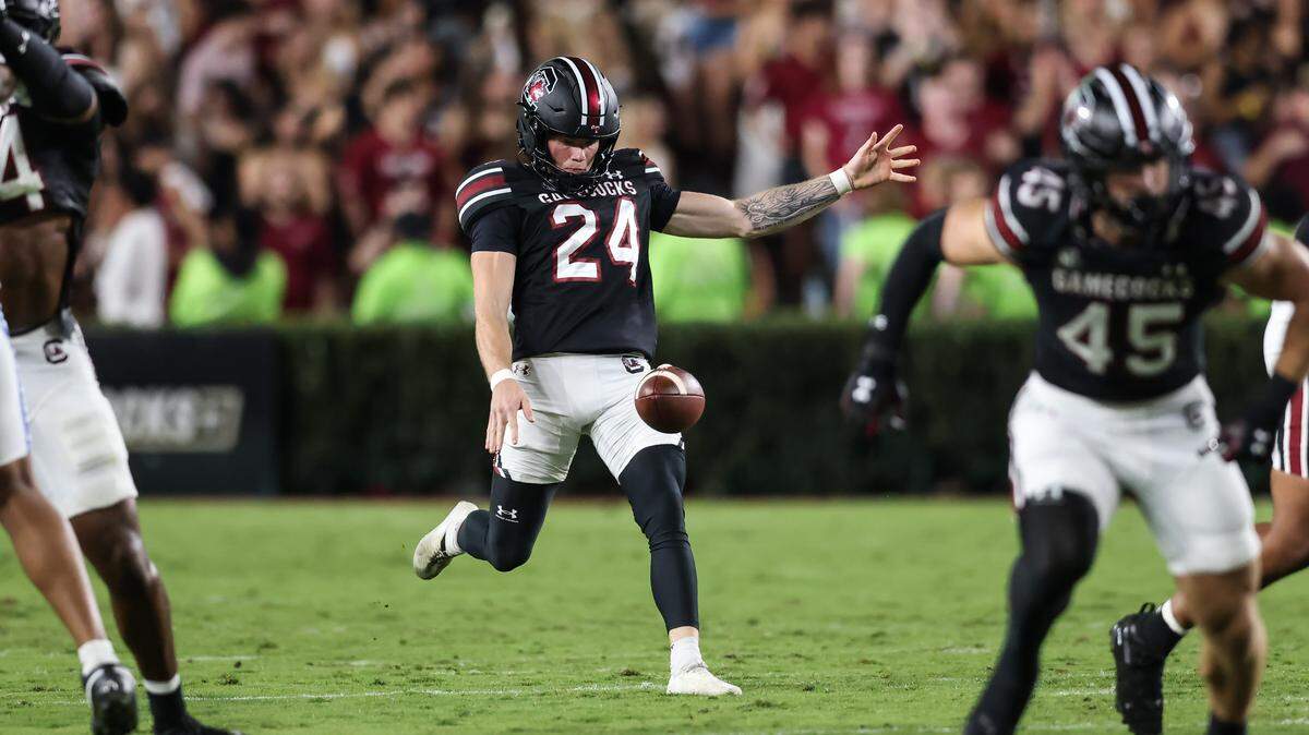 South Carolina place kicker Mason Love (24) punts the ball during the Gamecocks’ game against Kentucky at Williams-Brice Stadium in Columbia on Saturday, September 27, 2025.