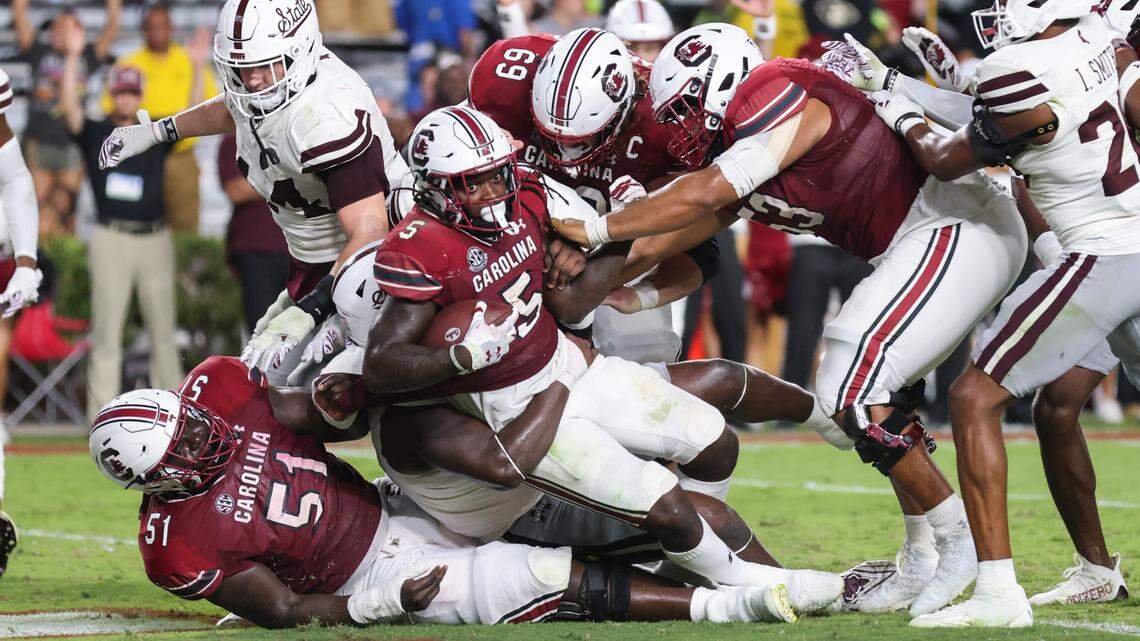 South Carolina running back Dakereon Joyner (5) is pushed in for a touchdown during the Gamecocks’ game at Williams-Brice Stadium in Columbia on Saturday, September 23, 2023.