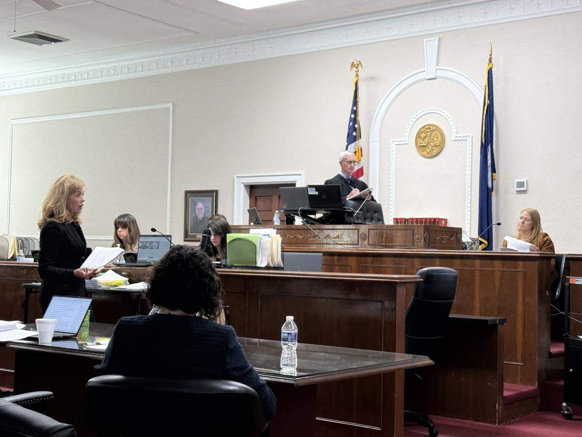 Podcaster Mandy Matney (far right) is questioned by Deborah Barbier, attorney for Greg Parker, during a court hearing Tuesday, April 7, 2026, at the Cherokee County courthouse. Judge R. Keith Kelly is presiding.