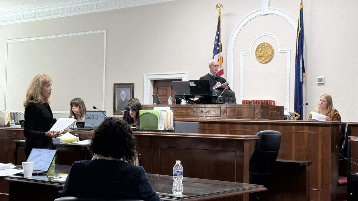 Podcaster Mandy Matney (far right) is questioned by Deborah Barbier, attorney for Greg Parker, during a court hearing Tuesday, April 7, 2026, at the Cherokee County courthouse. Judge R. Keith Kelly is presiding.