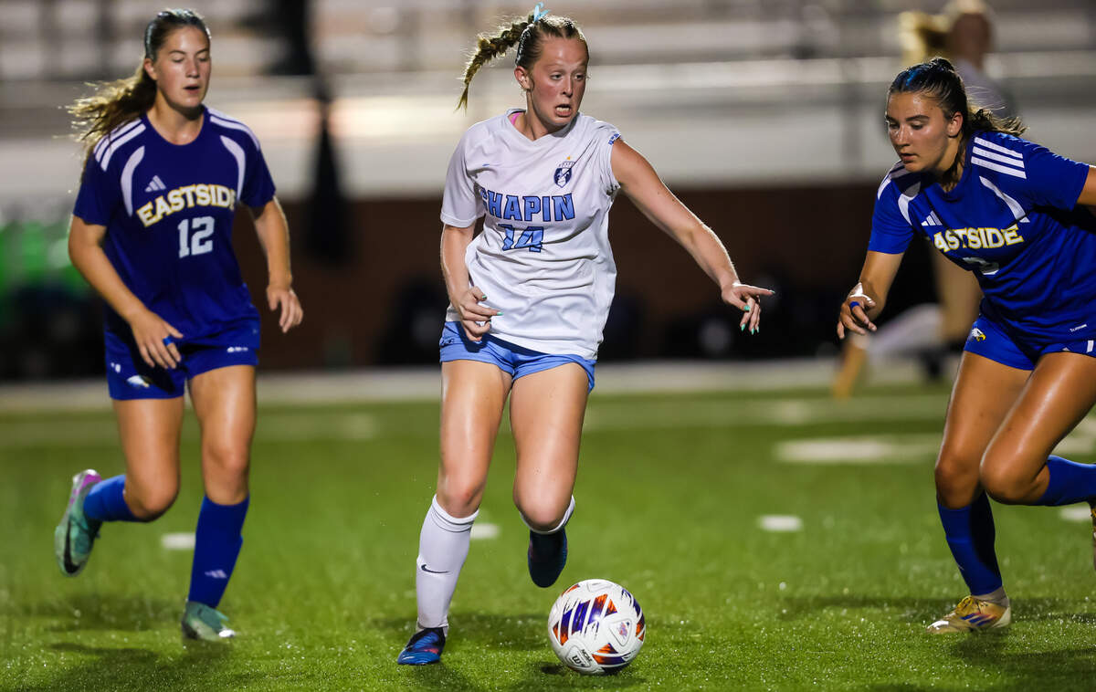 Chapin High Eagles forward Lexie Kilmon (14) drives against the Eastside High Eagles during Chapin’s 4-0 win in the Class 5A-Division II state championship game at Memorial Stadium in Columbia, SC, 5/23/26.