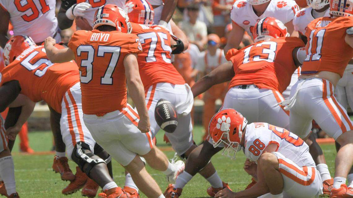 April 15, 2023; Clemson, SC , USA; Clemson kicker Liam Boyd (37) makes a 51-yard field goal during the first quarter the annual Orange and White Spring game at Memorial Stadium in Clemson, S.C. Saturday, April 15, 2023. Mandatory Credit: Ken Ruinard-USA TODAY NETWORK