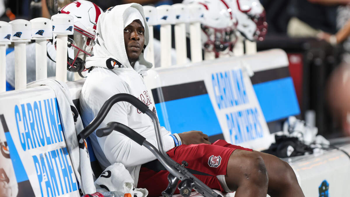 South Carolina linebacker Mohamed Kaba (32) sits on the bench during the Gamecocks’ loss to North Carolina at Bank of America Stadium on Saturday, September 2, 2023.