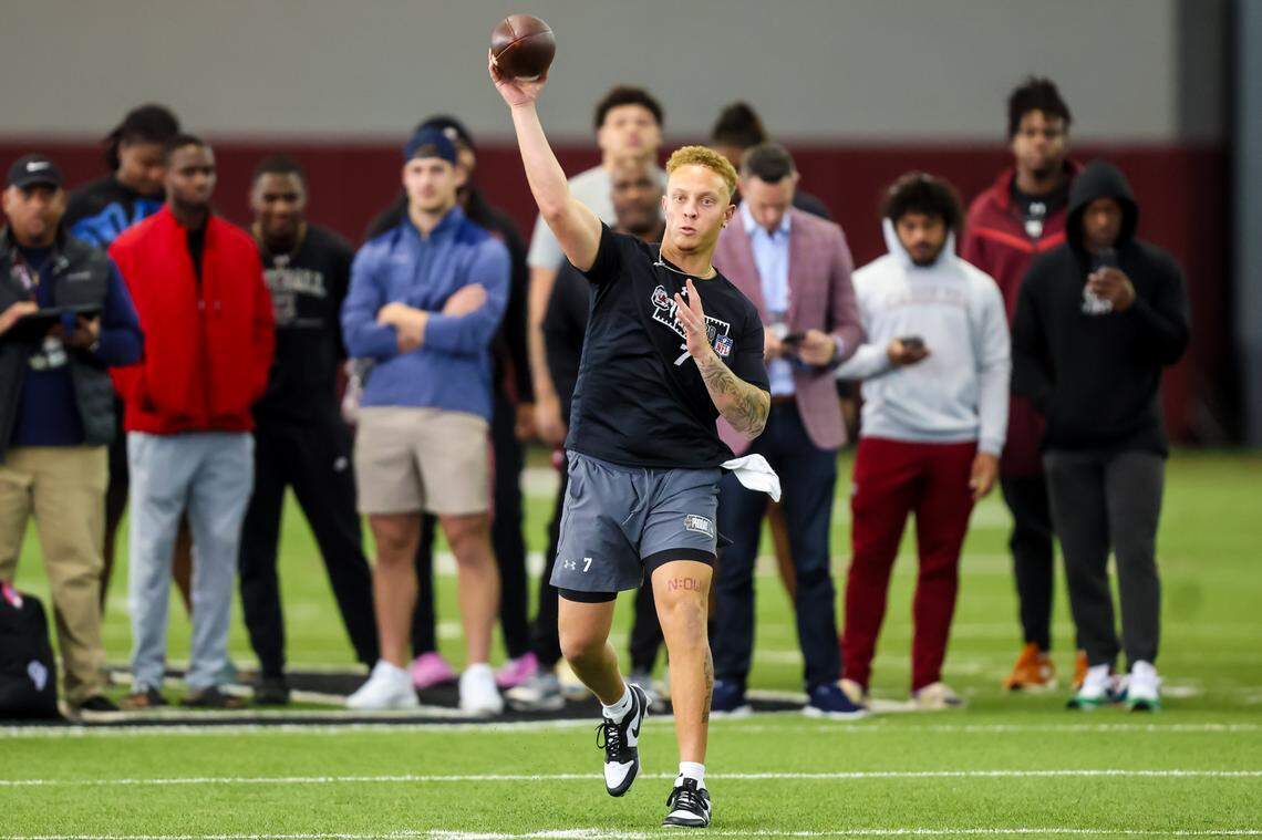 South Carolina Gamecocks quarterback Spencer Rattler (7) passes during USC’s Pro Day March 12, 2024.