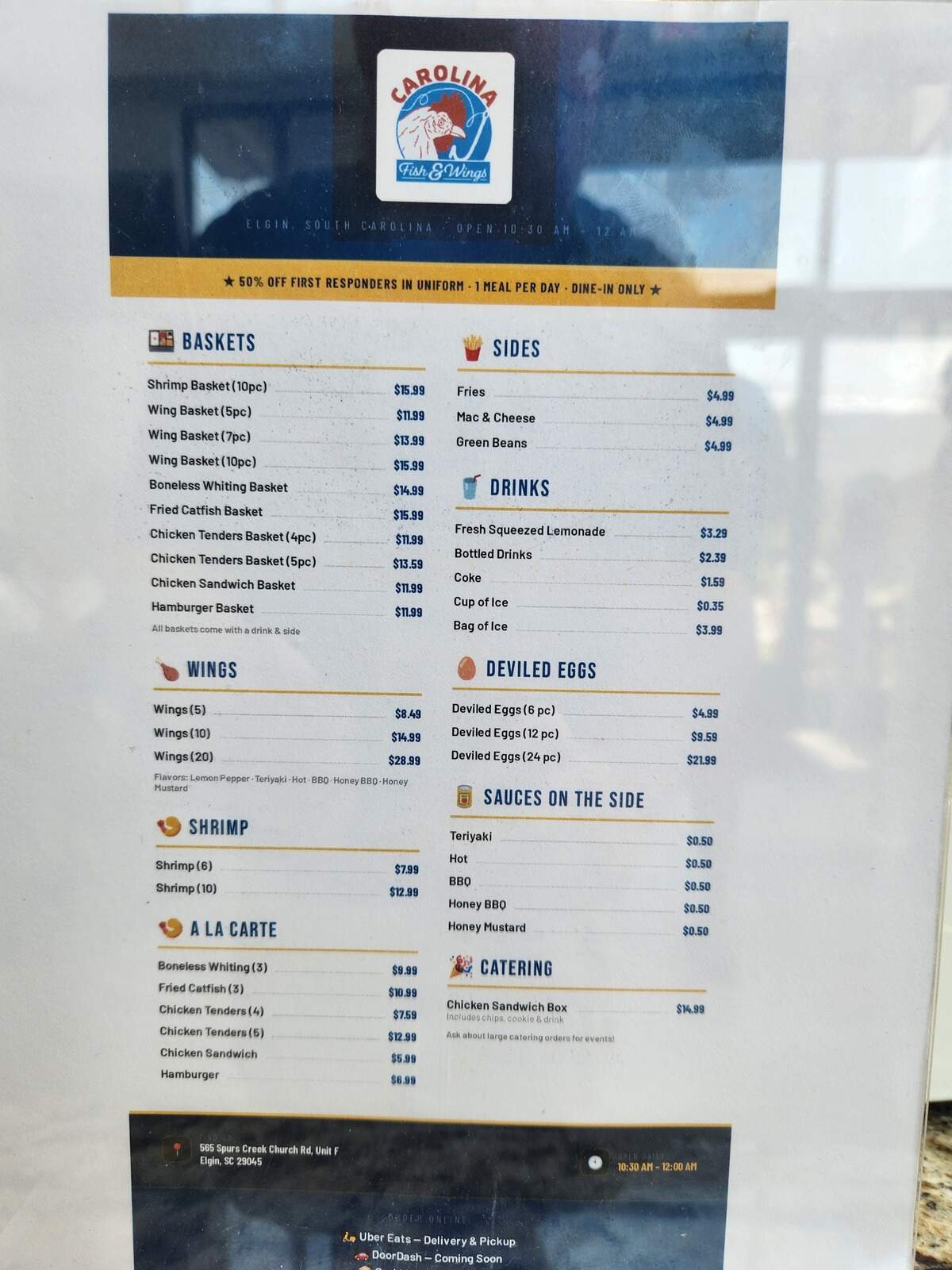 The menu at Carolina Fish & Wings in Elgin, SC.