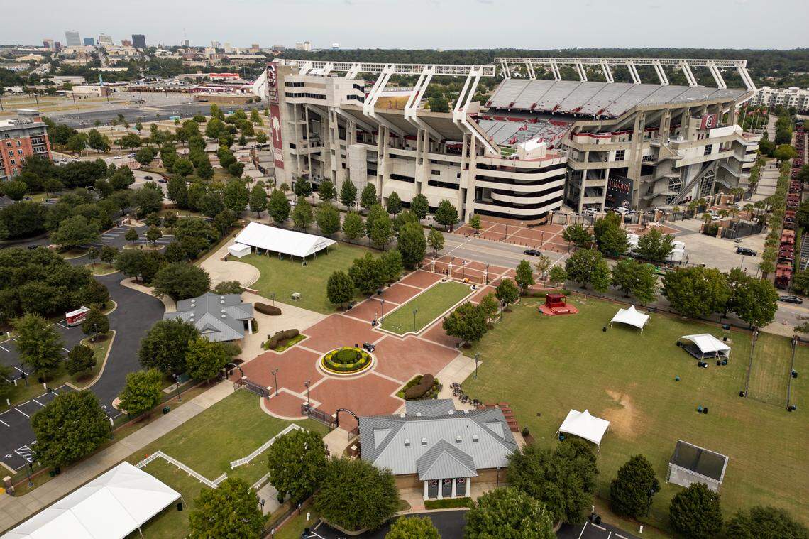 ESPN’s College GameDay sets up production tents and stages near the University of South Carolina’s Williams-Brice Stadium on Thursday, September 12, 2024.