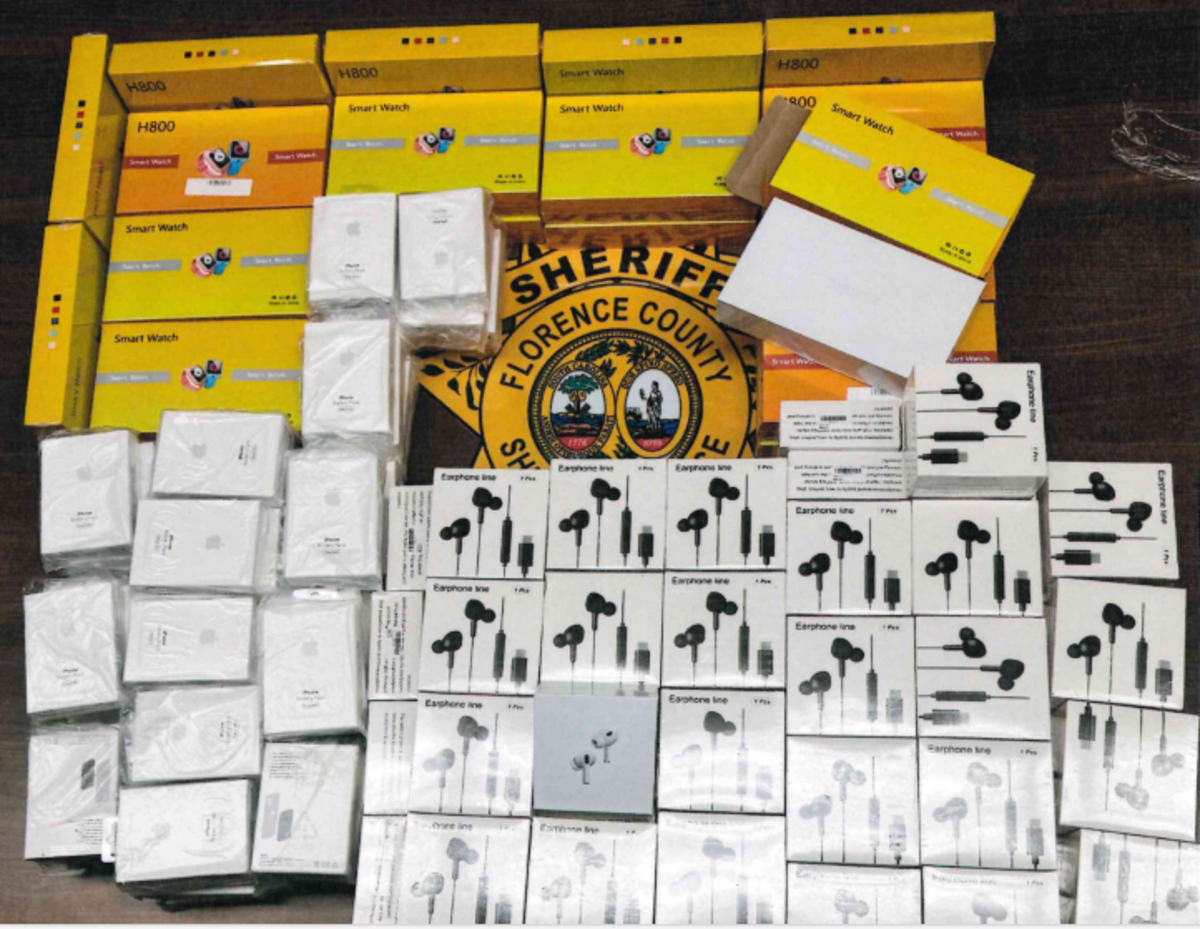 Counterfeit Apple products valuing about $30,000 were found during a traffic stop, the sheriff’s office said.