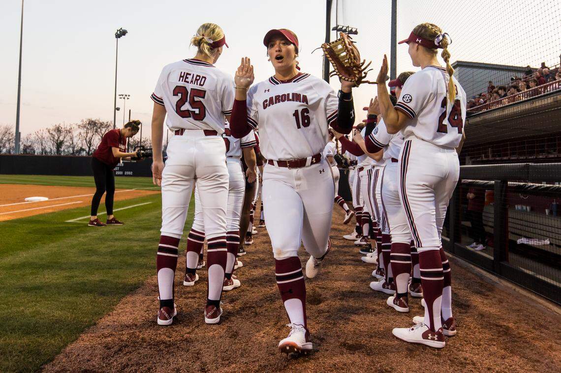 South Carolina Gamecocks Arianna Rodi (16) is introduced before a February game against the Virginia Cavaliers at Carolina Softball Stadium in Columbia.