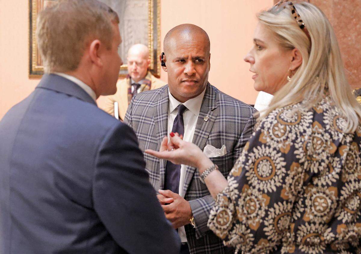 State Rep. Todd Rutherford, D-Richland, the House minority leader, talks with visitors in the State House lobby in Columbia, S.C. on Wednesday, Feb. 19, 2025. (Travis Bell/STATEHOUSE CAROLINA)