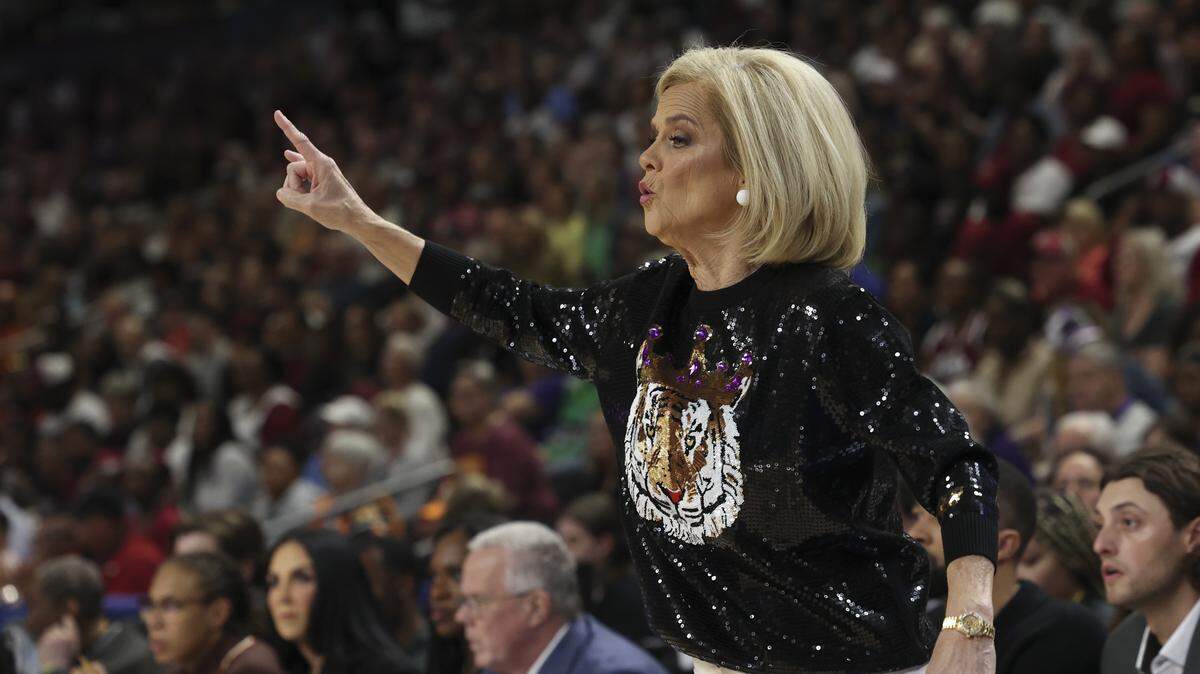 Louisiana's head coach Kim Mulkey reacts to her team during the first half of action of their women's basketball game in the SEC Tournament, against LSU at the Bon Secours Wellness Arena on Saturday, March 7, 2026.