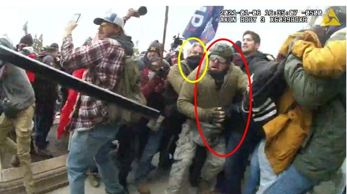 South Carolinians George Rockey (circled in red) and Edward Picquet (circled in yellow) were caught by a police body camera as they were alleged to have stormed the U.S. Capitol on Jan. 6, 2021.