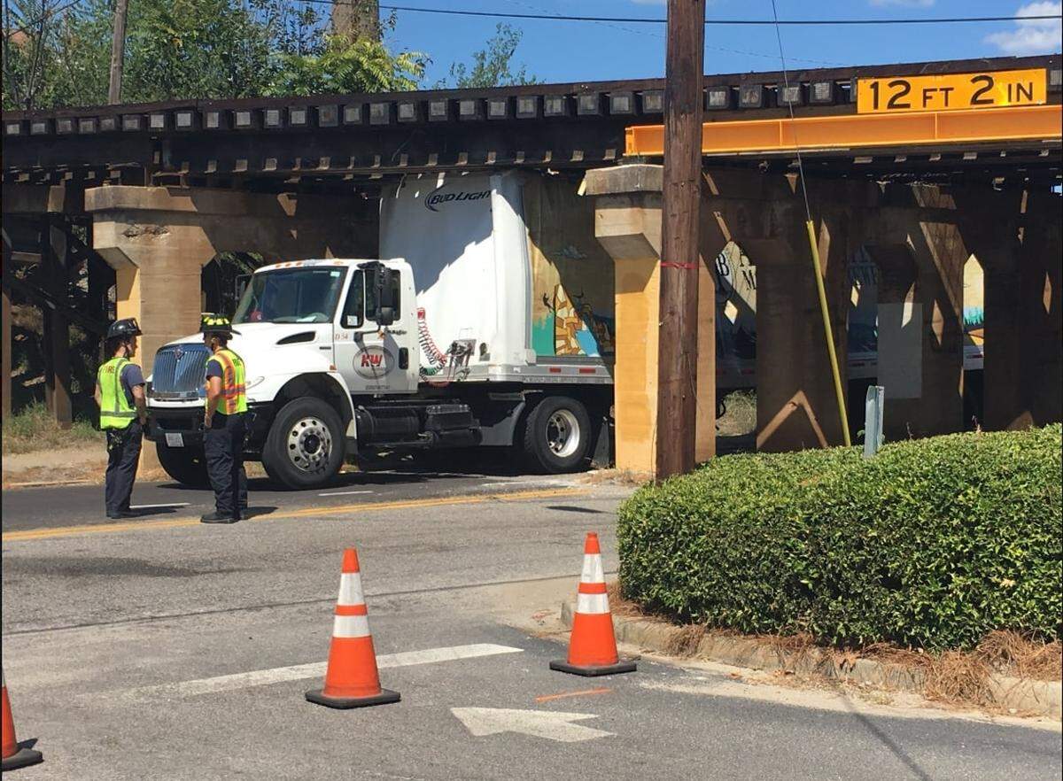 A Bud Light truck gets stuck while passing under train tracks on Whaley Street in Columbia. Photo from Sept. 2018. 