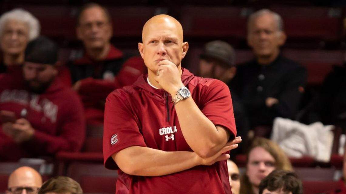 Frank Martin watches the Gamecocks during the their game against the visiting Broncs at Colonial Life Arena on Sunday, November 28, 2021.