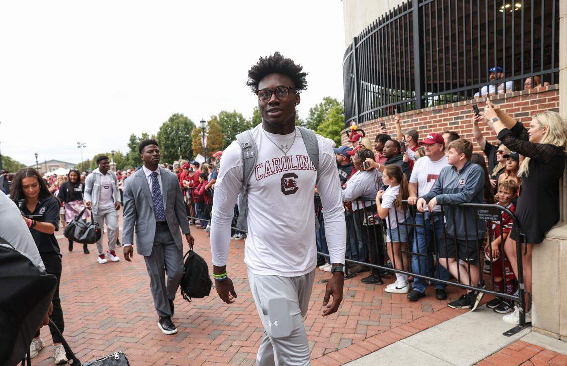 South Carolina wide receiver Nyck Harbor (8) makes his way in during the Gamecock Walk before South Carolina’s game at Williams-Brice Stadium in Columbia on Saturday, October 14, 2023.