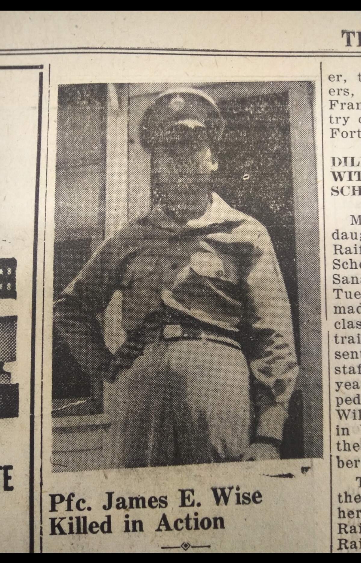 A newspaper clipping announcing the death of Pvt. First Class James E. Wise, of Dillon County, who is buried at the Netherlands American Cemetery in Margraten.