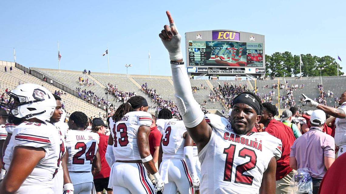 South Carolina’s Jaylan Foster celebrates the 2021 win at East Carolina.