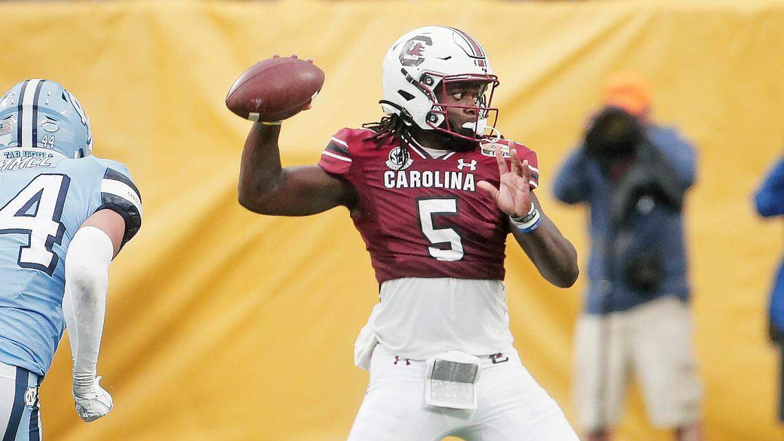 South Carolina Gamecocks quarterback Dakereon Joyner (5) passes the ball during the game against North Carolina at the Duke’s Mayo Bowl at Bank of America Stadium in Charlotte, North Carolina on Thursday, December 30, 2021.