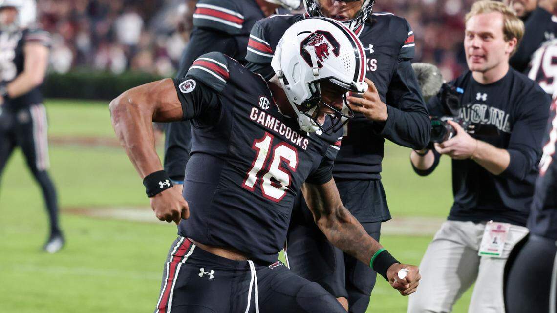 South Carolina quarterback LaNorris Sellers (16) celebrates after scoring a touchdown in the final minute of the Gamecocks’ game against Missouri at Williams-Brice Stadium in Columbia on Saturday, November 16, 2024.


