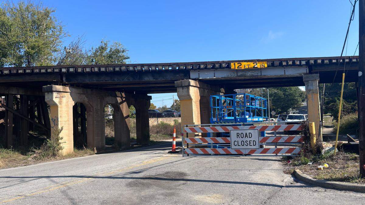 A railroad bridge over Whaley Street near the Assembly Street intersection is closed for the foreseeable future while repairs are made after a commercial garbage truck got stuck under the bridge last week.